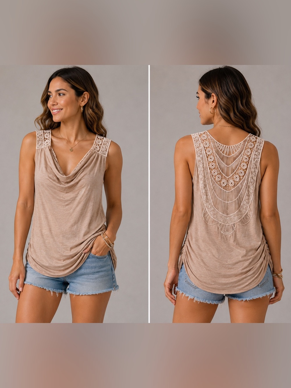 BluHeaven Taupe Drape Front Sleeveless Top w/ Crochet Back – Size Medium